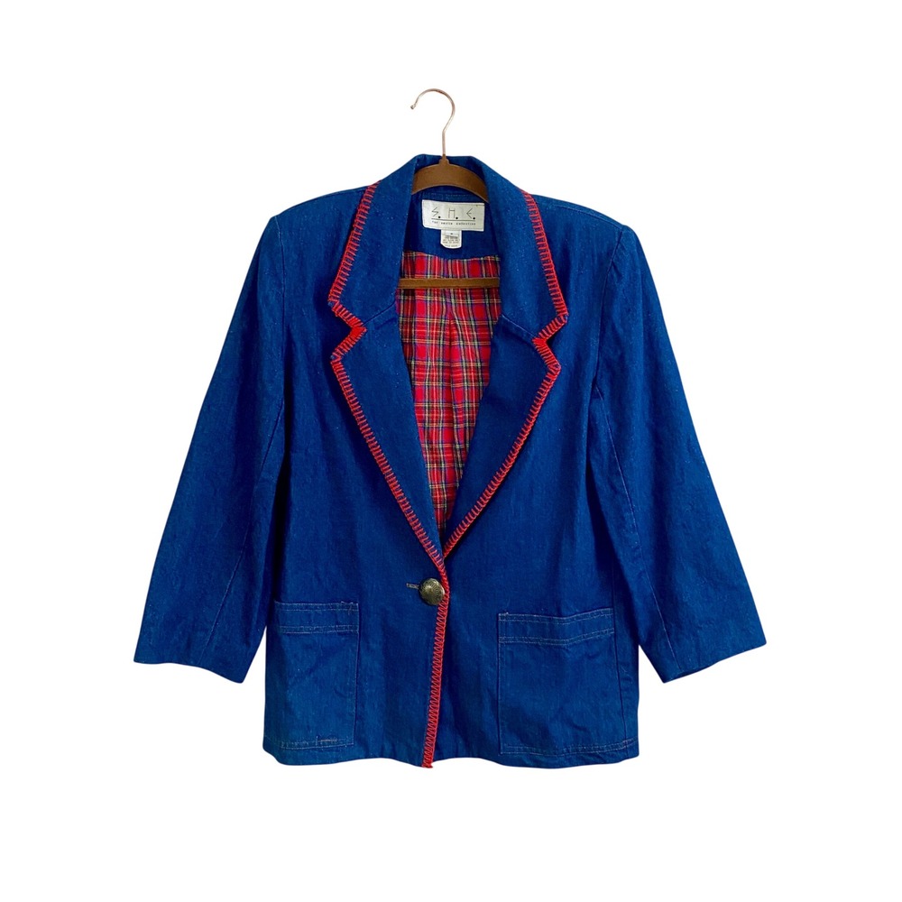 S.H.E. Austin Collection Vintage Denim Blazer Jacket Small Red Plaid Made in TX